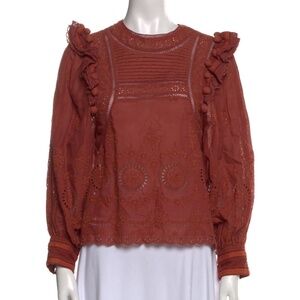 Sea New York Burnt Orange Rust Red Boho Eyelet Lace Pompom Shirt 4